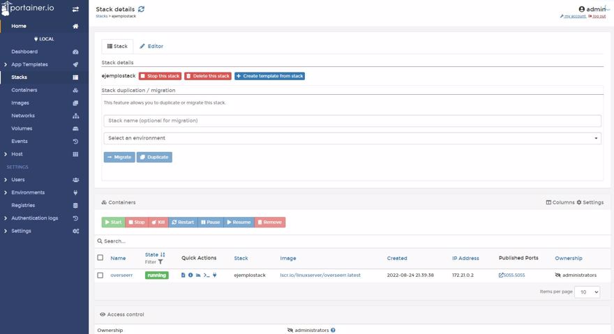 Portainer stack overview