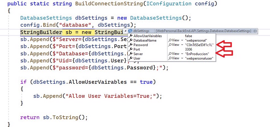 configuración actualizada appsettings