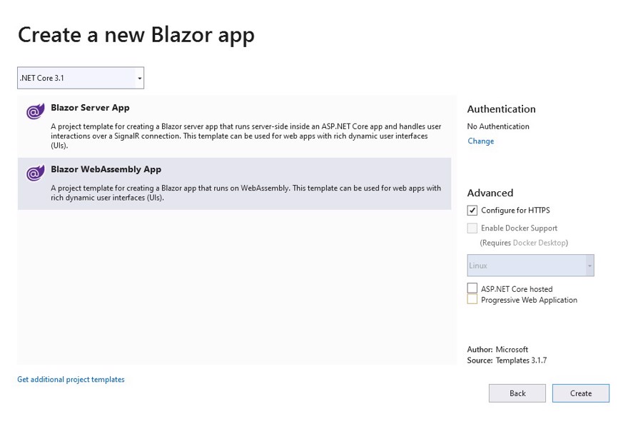 vs elegir blazor app